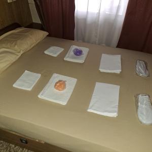 斯卡拉拉乔伊For Nature Lovers的床上的桌子,上面有毛巾和盘子
