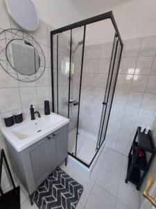 NemesbükkMargit Ház的带淋浴、盥洗盆和镜子的浴室