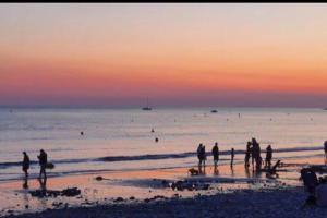 勒阿弗尔Plage du Havre的一群人,在日落时站在海滩上