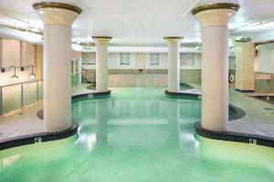 波特兰Embassy Suites by Hilton Portland Downtown的一座建筑物内一座带柱子和绿水的游泳池