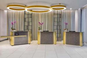 都柏林凯拉敏特汉姆希尔顿都柏林酒店的大堂设有两个前台,并种植了紫色鲜花。