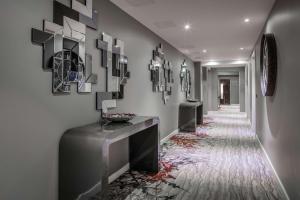 伦敦格林威治酒店的墙上的走廊上装饰着黑白艺术品
