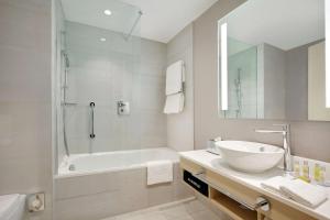 布达佩斯Hilton Garden Inn Budapest City Centre的带浴缸、水槽和淋浴的浴室