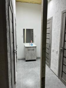 阿拉木图Tastaq hostel的一间带水槽和镜子的浴室