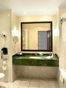 安特卫普安特卫普老城希尔顿酒店的一间带水槽和镜子的浴室