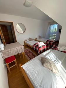 Pensiunea Agroturistica Casa Tarta的客房设有两张床、一张桌子和镜子