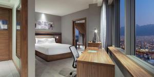 伯萨希尔顿汉普顿布尔萨酒店的配有一张床、一张书桌和一扇窗户的酒店客房