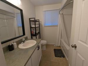 金斯顿Adorable 4 bed,2 bath house的一间带水槽、卫生间和镜子的浴室
