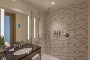 美因河畔法兰克福法兰克福市中心东希尔顿汉普顿酒店的一间带水槽和淋浴的浴室
