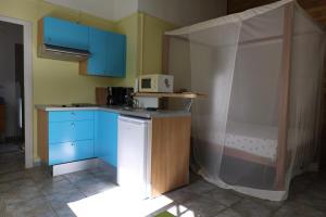 圣克洛德L’émeraude的厨房配有蓝色橱柜和白色微波炉