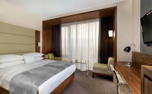 萨格勒布萨格勒布希尔顿逸林酒店的酒店客房设有一张大床和一台电视。