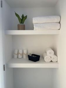 波尔图Quarto duplo com casa de banho exclusiva no Porto的白色的架子上装有毛巾和植物