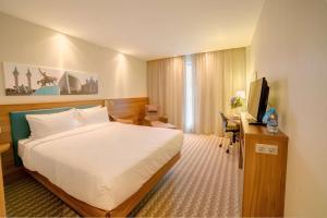 乌法乌法汉普顿希尔顿酒店的酒店客房配有一张床和一张书桌及一台电视
