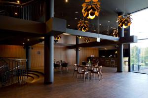 罗兹罗兹希尔顿逸林酒店的用餐室配有桌椅和吊灯。