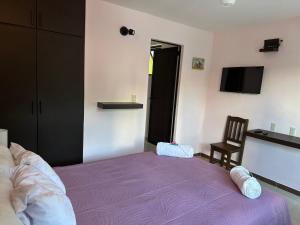 圣克里斯托瓦尔-德拉斯卡萨斯LA VILLA DE LA ABUELA的一间卧室配有一张紫色的床和一把椅子