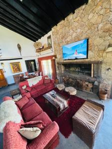 图努扬El Madejo - del Valle de Uco的客厅设有红色沙发和石制壁炉