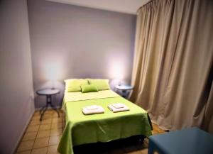 门多萨Hotel Windsor Mendoza的一间卧室配有绿床和2条毛巾
