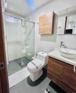 佛罗里达布兰卡Hotel Terraza Café Bistro的浴室配有卫生间、淋浴和盥洗盆。