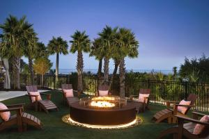 默特尔比奇Embassy Suites by Hilton Myrtle Beach Oceanfront Resort的一个带椅子的庭院和一个种有棕榈树的火坑