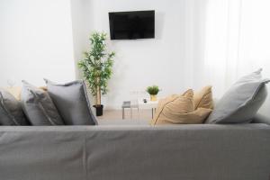 拉雷斯廷加Alojamiento Guayarmina的客厅配有带枕头的沙发和电视。