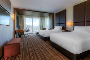 内乌肯Hilton Garden Inn Neuquen的酒店客房设有两张床和窗户。