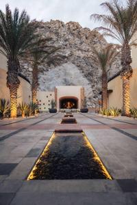 卡波圣卢卡斯Waldorf Astoria Los Cabos Pedregal的一座带喷泉的建筑中,庭院里种有棕榈树