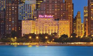 芝加哥The Drake Hotel的城市的一座有灯光的建筑