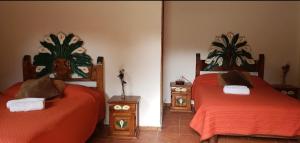 VelascoHotel Jardin Rincon de las Estrellas的配有两张床铺、红色床单和两张桌子的房间