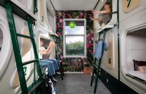 基督城LyLo Christchurch的坐在有窗户的火车厢里的女人