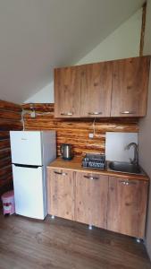 梅斯蒂亚Echoes of the mountains的厨房配有木制橱柜和白色冰箱。