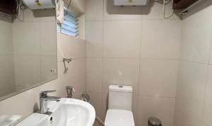 海得拉巴FabHotel Prime AM Suites Near Yashoda Hospital的一间带水槽、卫生间和镜子的浴室