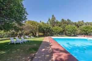 巴尔塞基略Home2Book Villa El Naranjo, Garden & Pool的一个带两把白色椅子和树木的游泳池