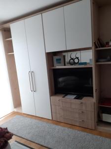 KatsdorfVilla Casa sol-rural residence near Linz的客厅配有白色橱柜和电视。