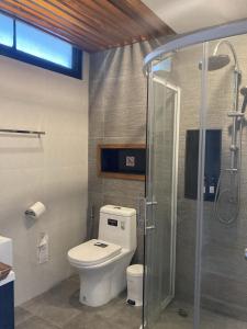 湄林Maesa Greenery Hill SHA的一间带卫生间和玻璃淋浴间的浴室