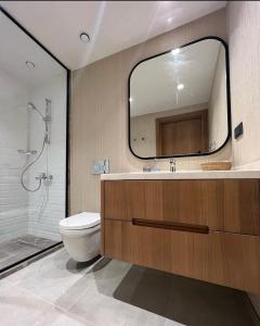 博德鲁姆Bodrum Golf Aparts的一间带水槽、卫生间和镜子的浴室