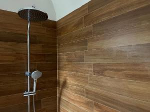 科尔多瓦Aljara Mezquita的浴室铺有木质瓷砖,设有淋浴。
