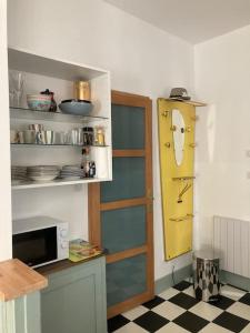 米卢斯CHACHACHA appartement de charme calme balcon的厨房设有一扇门,上面有脸