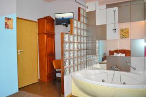 布拉索夫火烈鸟公寓的带浴缸的浴室和墙上的电视
