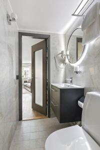 斯德哥尔摩At Old Town Aparthotel的一间带卫生间、水槽和镜子的浴室