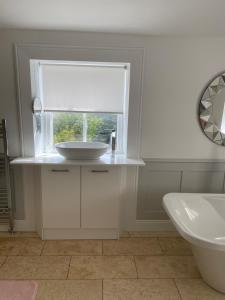 吉夫诺克Giffnock Rooms的白色的浴室设有水槽和窗户。