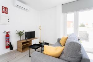 马拉加Apartamentos LA PELUSA的客厅配有灰色的沙发和黄色的枕头。