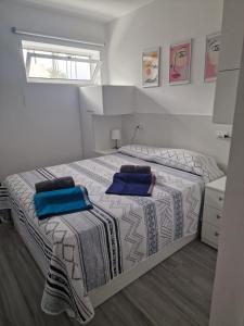 马斯帕洛马斯Chalet con 3 camere e giardino的一间卧室配有一张带蓝色枕头的大床