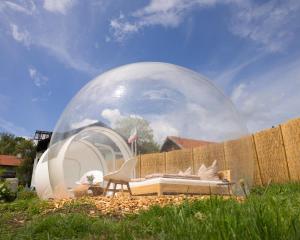 福森Bubble Tent Füssen im Allgäu的一个带一张床和椅子的泡沫帐篷