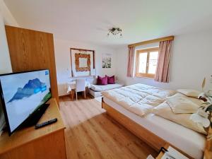莱赫阿尔贝格Pension Mallaun的一间卧室配有一张床和一台平面电视