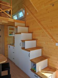 Mobile Tinyhouse by Wolfsberger的小木屋内的厨房设有木墙