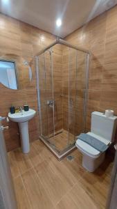 塞萨洛尼基Unique Experience Apartment’s的带淋浴、卫生间和盥洗盆的浴室