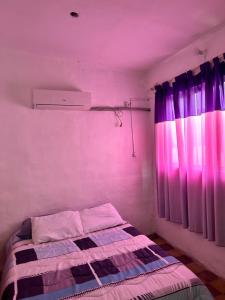 弗赖本托斯APART PELUSA的客房设有一张床和紫色灯窗