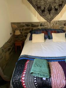 卡奇Cabaña Los Girasoles Cachi Salta的床上有两张枕头,有毯子