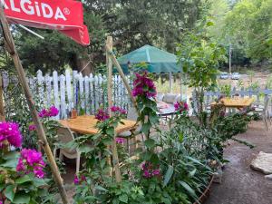 契拉勒Canario Bungalows的花园里的木桌,花朵盛开