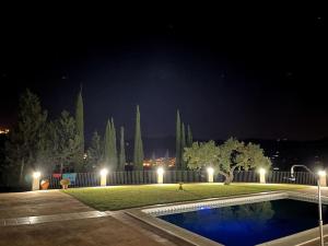 阿洛拉Casa Rural Lomillas de Canca的享有庭院的夜景,设有游泳池